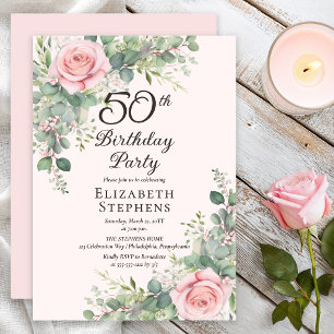 Invitation Fête d'anniversaire de 50 ans Rose Poudrée Élégant