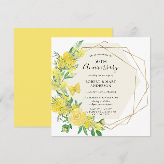 Invitation Fête d'anniversaire de 50 ans Yellow Rose Floral (Devant / Derrière)