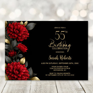 Invitation Fête d'anniversaire de 55 ans élégante florale rou