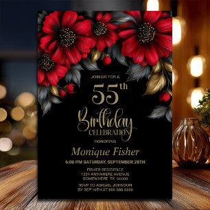 Invitation Fête d'anniversaire de 55 ans Fleur Rouge Élégante