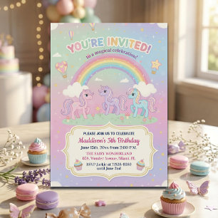 Invitation Fête d'anniversaire de 5 ans avec poneys et arc-en