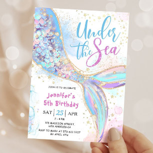Invitation Fête d'anniversaire de 5 ans de sirène Bleu sous l