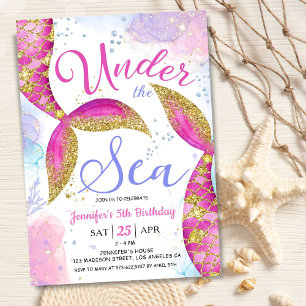 Invitation Fête d'anniversaire de 5 ans de sirène Fille rose