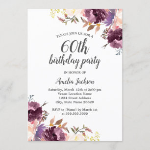 Invitation Fête d'anniversaire de 60 ans aux fleurs aquarelle