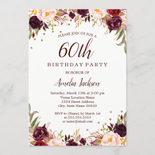 Invitation Fête d'anniversaire de 60 ans élégante or bordeaux