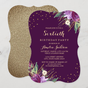 Invitation Fête d'anniversaire de 60 ans Fleur pourpre Or aqu