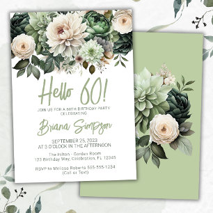 Invitation Fête d'anniversaire de 60 ans vert sauge floral