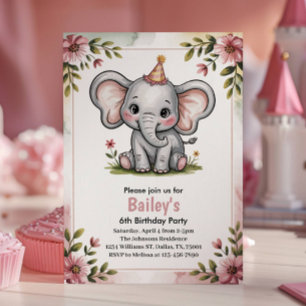 Invitation Fête d'anniversaire de 6 ans éléphant rose mignon 
