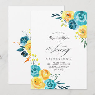 Invitation Fête d'anniversaire de 70 ans aux fleurs turquoise