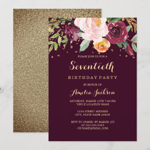Invitation Fête d'anniversaire de 70 ans Burgundy Gold Floral