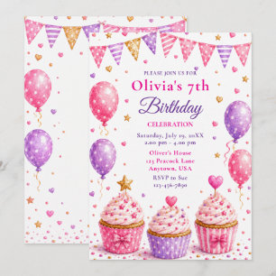 Invitation Fête d'anniversaire de 7 ans avec Cupcake Rose