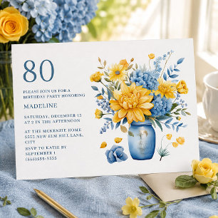 Invitation Fête d'anniversaire de 80 ans aux fleurs jaunes et
