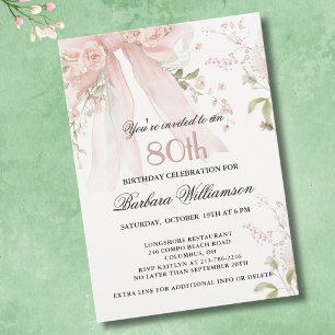 Invitation Fête d'anniversaire de 80 ans aux fleurs roses aqu