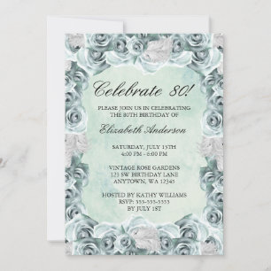 Invitation Fête d'anniversaire de 80 ans aux roses bleues vin