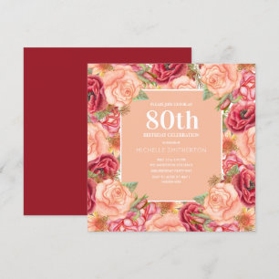 Invitation Fête d'anniversaire de 80 ans élégante rose rouge