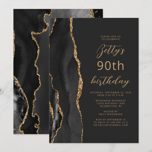 Invitation Fête d'anniversaire de 90 ans Black Gold Agate Sla (Devant / Derrière)
