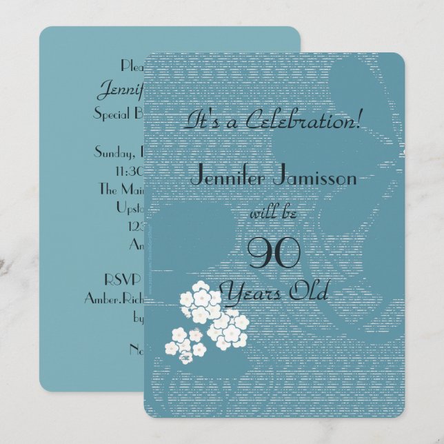 Invitation Fête d'anniversaire de 90 ans Blue Floral (Devant / Derrière)