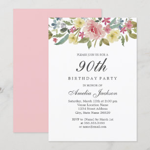 Invitation Fête d'anniversaire de 90 ans Blush Botanical Wate