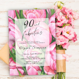 Invitation Fête d'anniversaire de 90 ans Pivoines Roses Flora