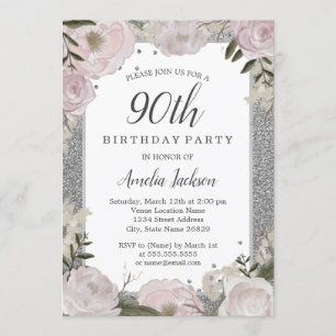 Invitation Fête d'anniversaire de 90 ans Sparkle Rose Fleur A