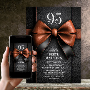 Invitation Fête d'anniversaire de 95 ans Tan Leather Bow