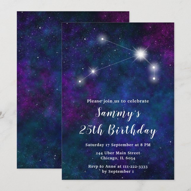Invitation Fête d'anniversaire de Aries Zodiac Constellation (Devant / Derrière)