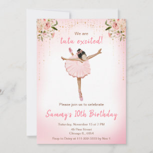 Invitation Fête d'anniversaire de ballerine à peau foncée flo