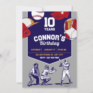 Invitation Fête d'anniversaire de baseball en bleu et gris