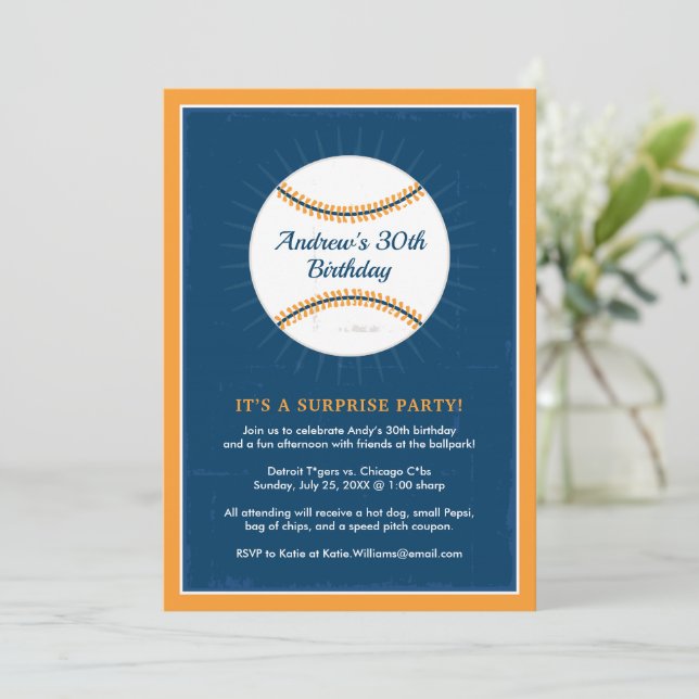 Invitation Fête d'anniversaire de baseball Orange Navy (Debout devant)