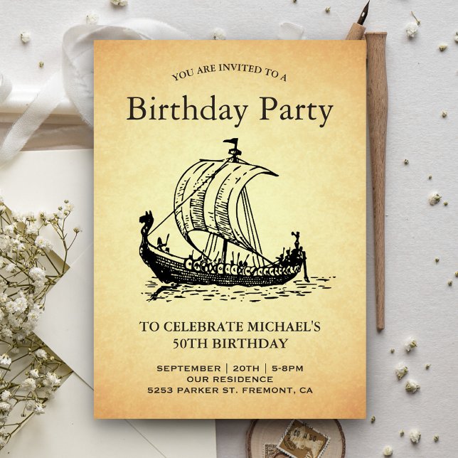 Invitation Fête d'anniversaire de bateau Viking vintage (Créateur téléchargé)