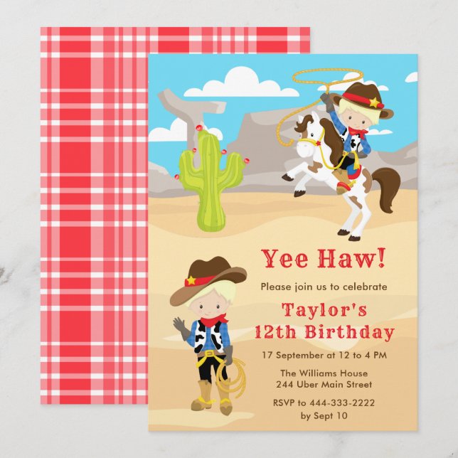 Invitation Fête d'anniversaire de Blonde Hair Cowboy (Devant / Derrière)