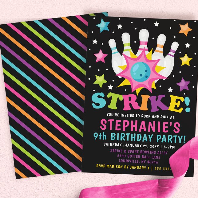Invitation Fête d'anniversaire de bowling néon arc-en-ciel (Créateur téléchargé)
