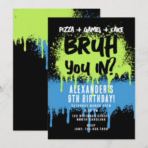 Invitation Fête d'anniversaire de Bruh Boy Neon Graffiti Vert