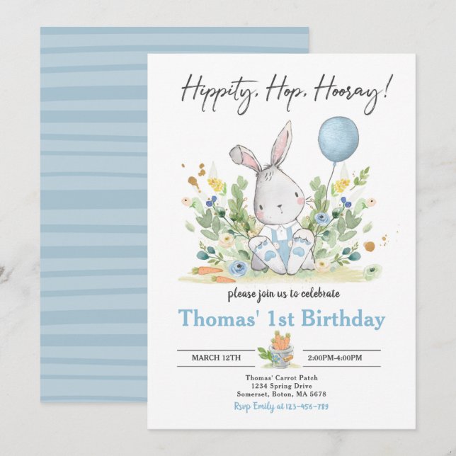 Invitation Fête d'anniversaire de Bunny Bleu Bunny Anniversai (Devant / Derrière)