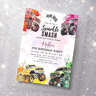 Invitation Fête d'anniversaire de camion monstre étincelant p