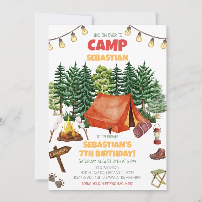 Invitation Fête d'anniversaire de camping  (Devant)