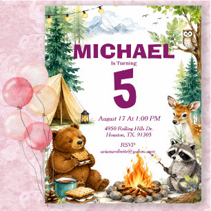 Invitation Fête d'anniversaire de camping d'animaux de la for