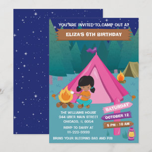 Invitation Fête d'anniversaire de camping nocturne fille afro