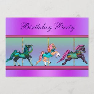 Invitation Fête d'anniversaire de carrousel de poney rose et