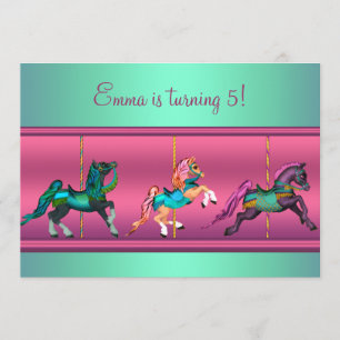 Invitation Fête d'anniversaire de carrousel de poney rose et