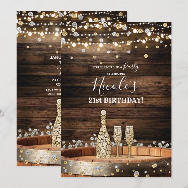 Invitation Fête d'anniversaire de champagne en tonneau de boi (Devant / Derrière)