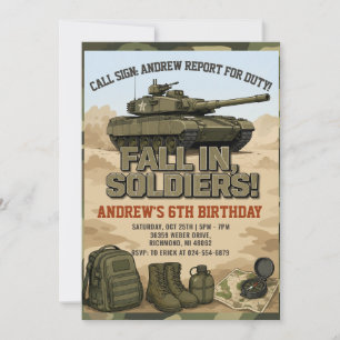 Invitation Fête d'anniversaire de char d'armée garçon personn