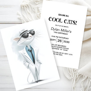 Invitation Fête d'anniversaire de chat blanc cool