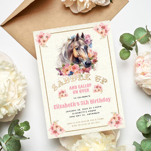Invitation Fête d'anniversaire de cheval floral rose toile de