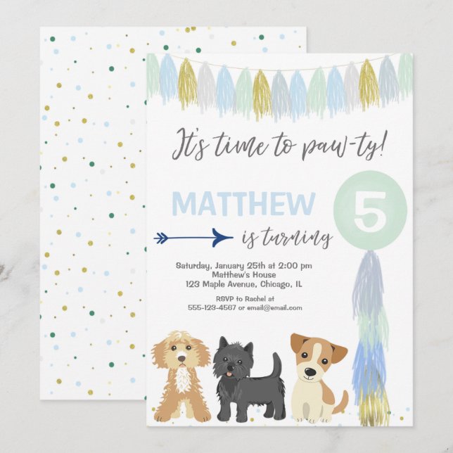 Invitation Fête d'anniversaire de chien, mignon chiot garçon (Devant / Derrière)