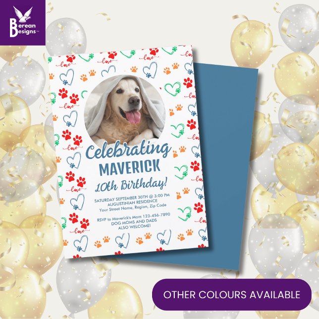 Invitation Fête d'anniversaire de chien personnalisable (Cute dog birthday invitation with customizable photo and text and colorful paw print pattern.)