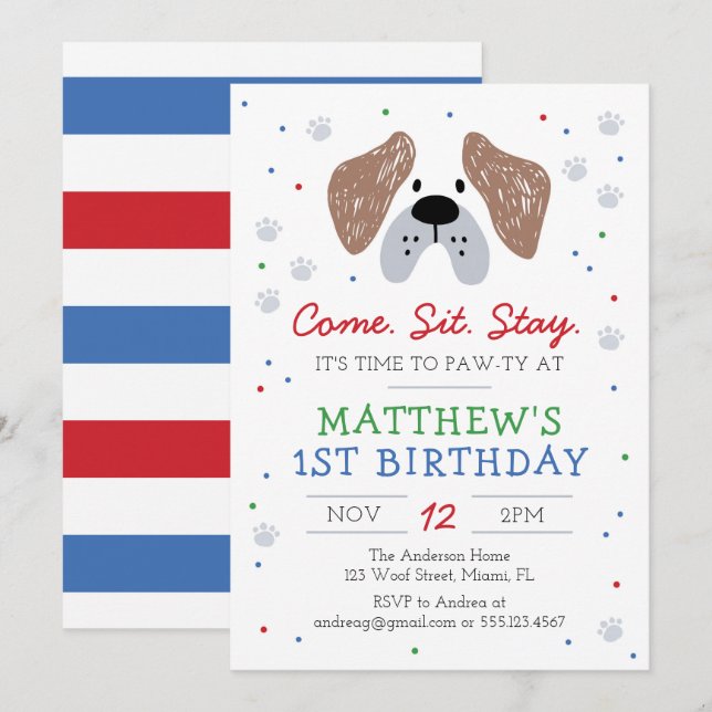 Invitation Fête d'anniversaire de chien, Puppy Paw-ty Invitat (Devant / Derrière)
