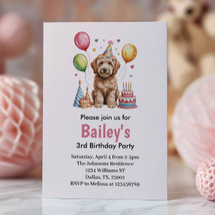 Invitation Fête d'anniversaire de chien rose pour filles mign