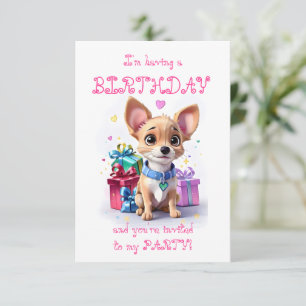 Invitation Fête d'anniversaire de Chihuahua rose girly 