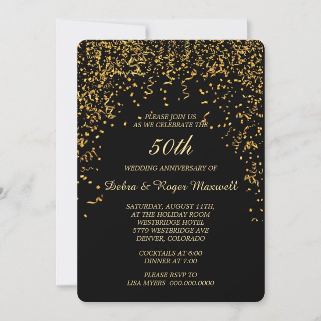 Invitation Fête d'anniversaire de confettis de ruban d'or (Devant)